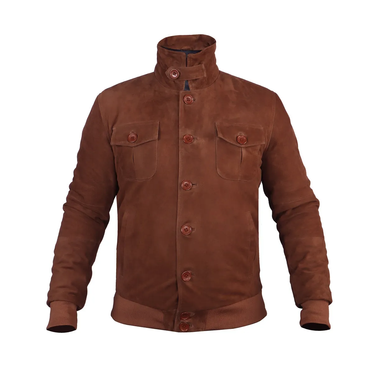 Dual Collar Bomber Tan Suede Leather Jacket For Men with Flap Pockets Button Closure By Brune And Bareskin