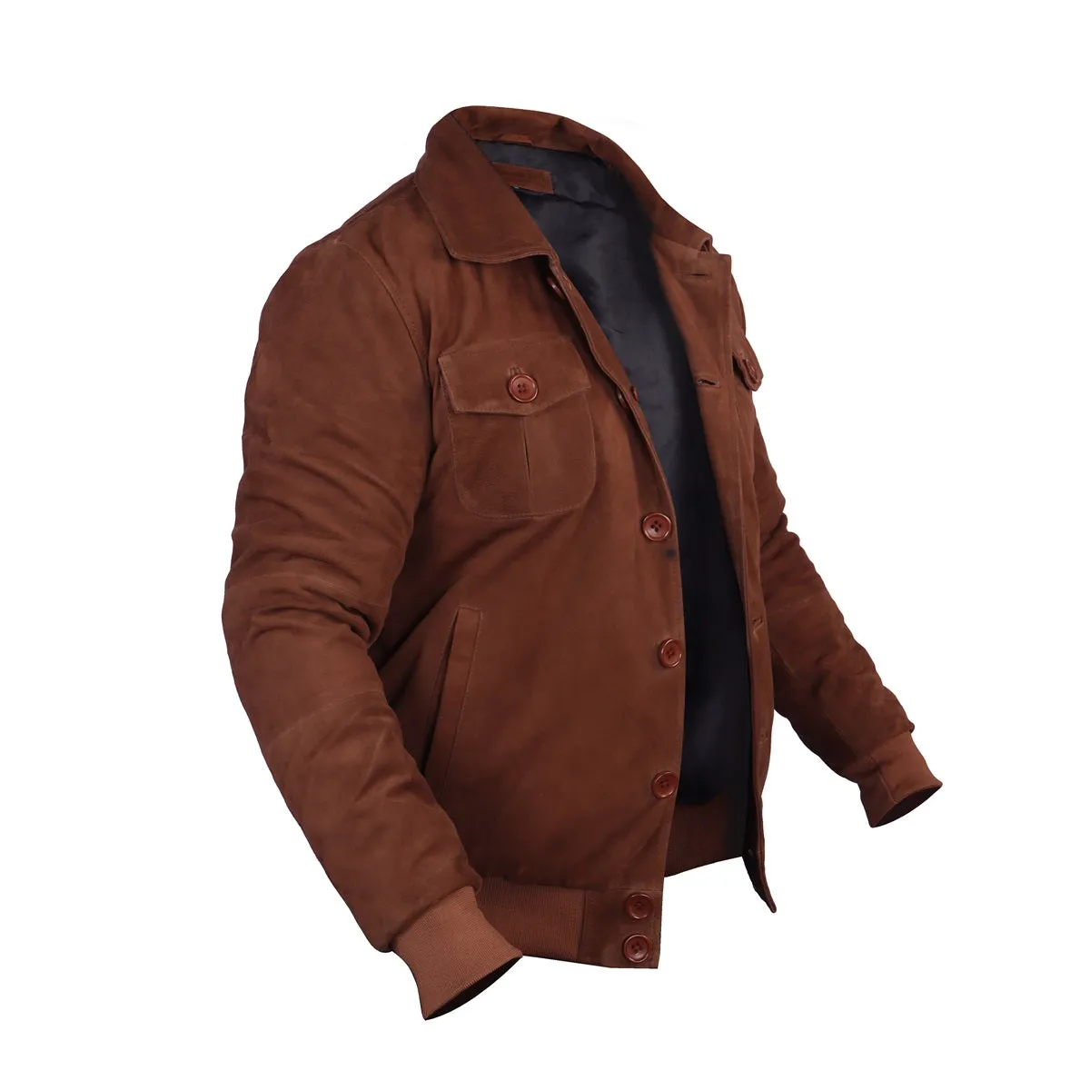 Dual Collar Bomber Tan Suede Leather Jacket For Men with Flap Pockets Button Closure By Brune And Bareskin