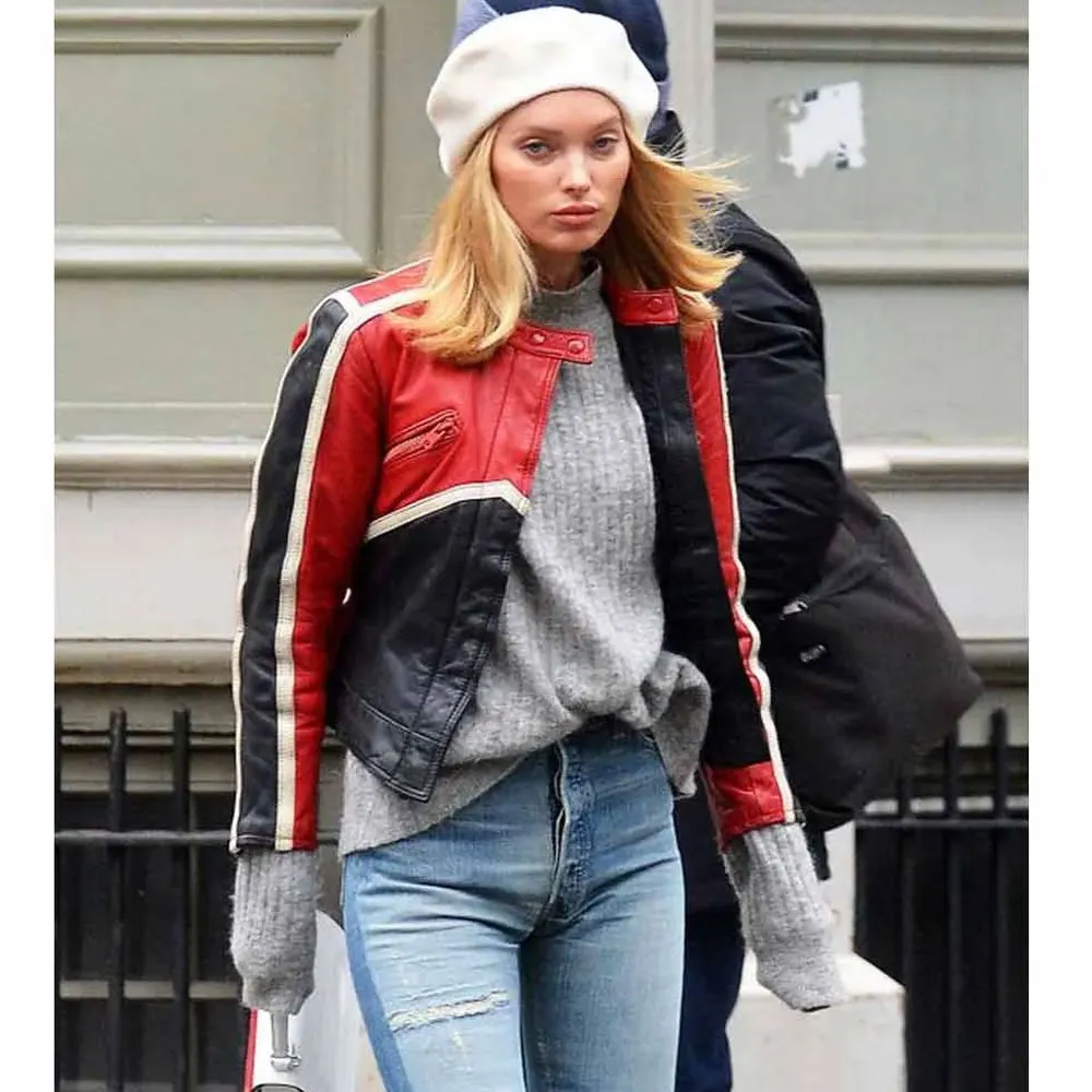 Elsa Hosk Red and Black Biker Leather Jacket