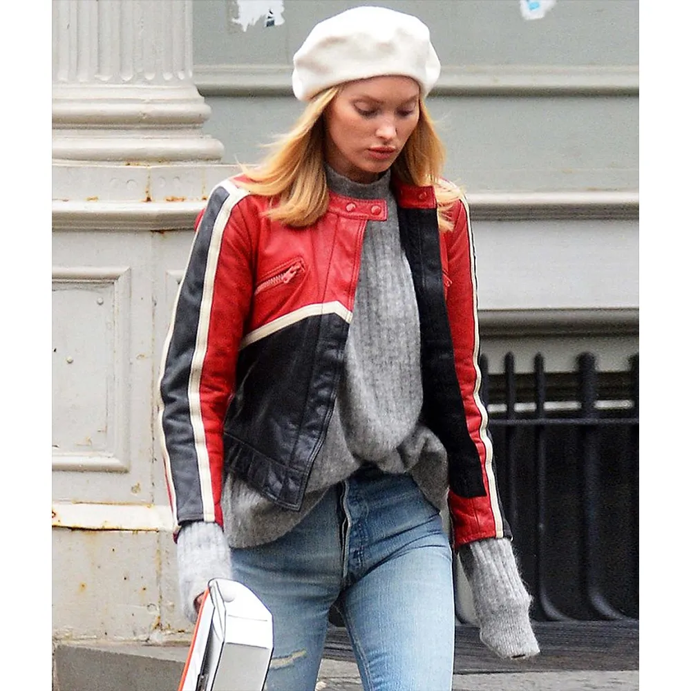 Elsa Hosk Red and Black Biker Leather Jacket