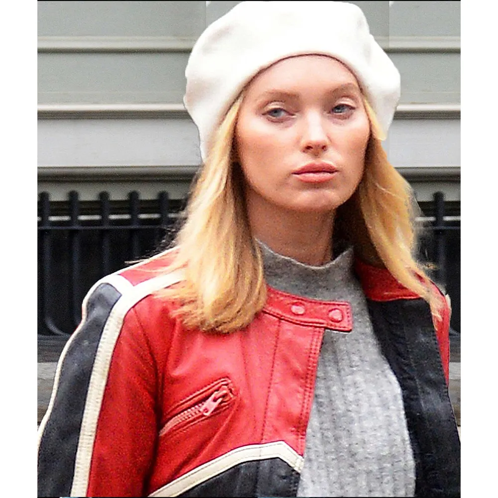 Elsa Hosk Red and Black Biker Leather Jacket