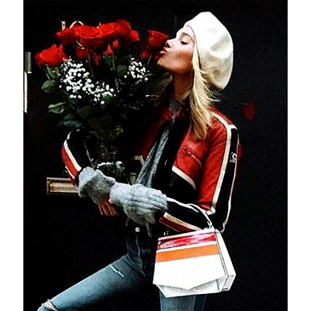 Elsa Hosk Red and Black Biker Leather Jacket