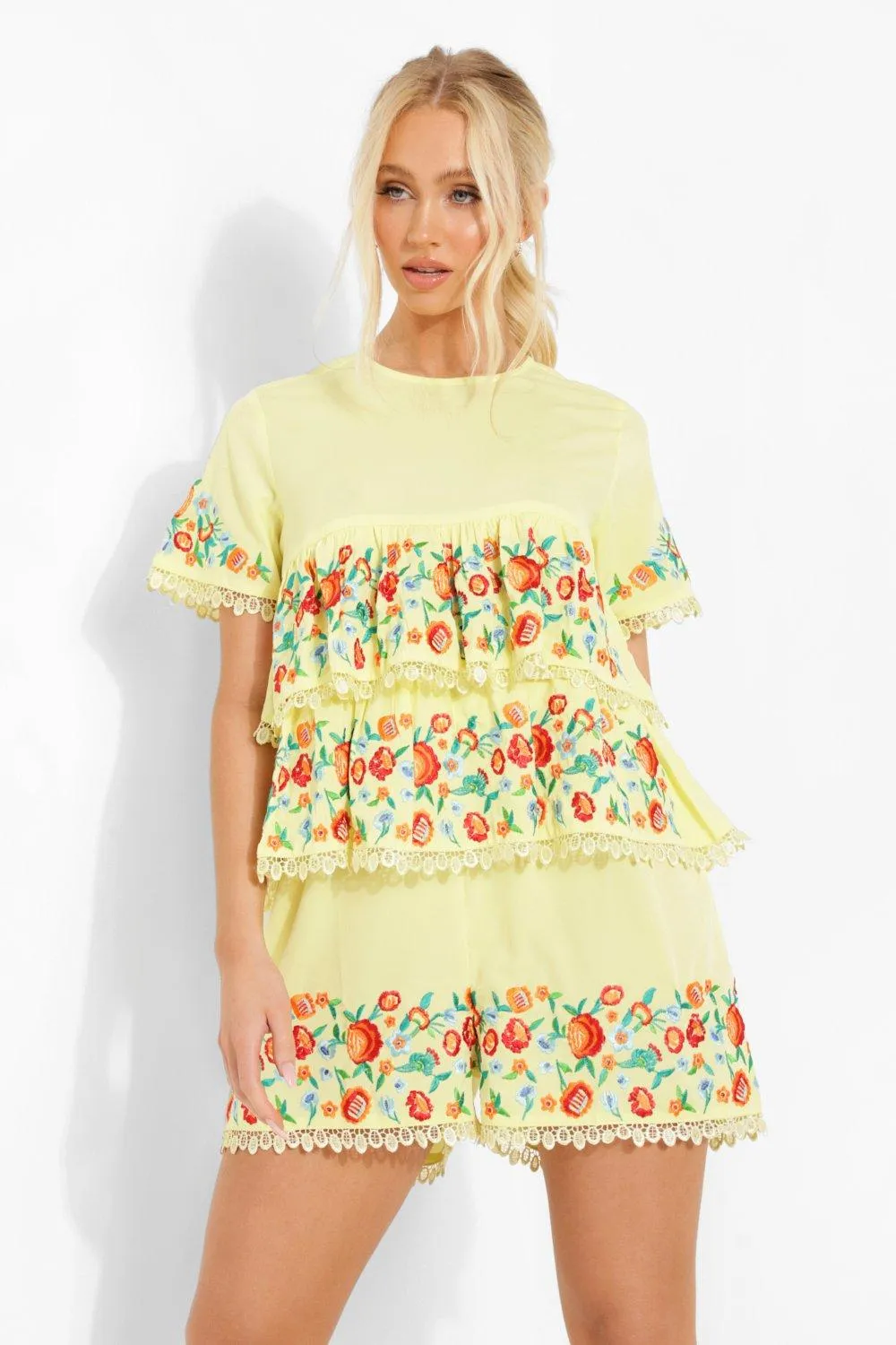 Embroidered Tiered Smock Romper