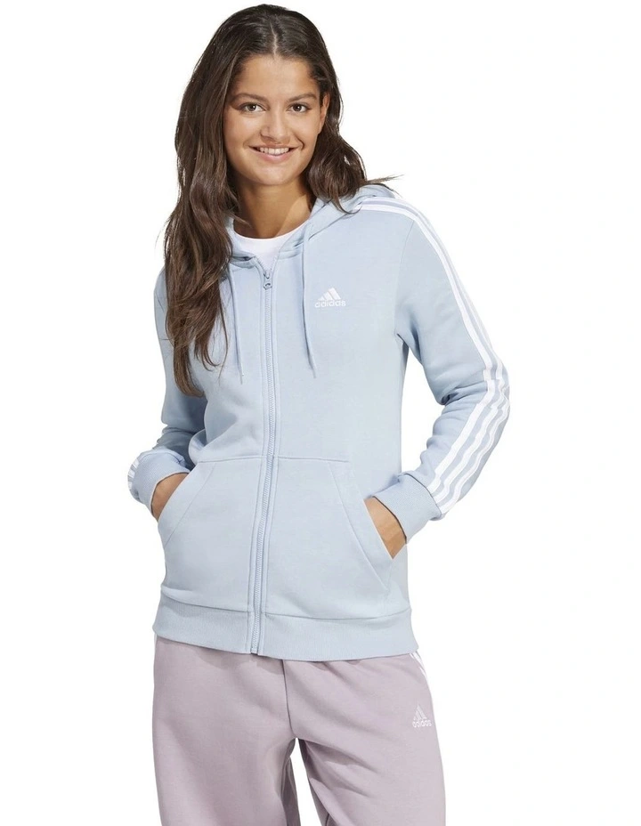 Essentials 3-Stripes Full-Zip Fleece Hoodie in Wonder Blue