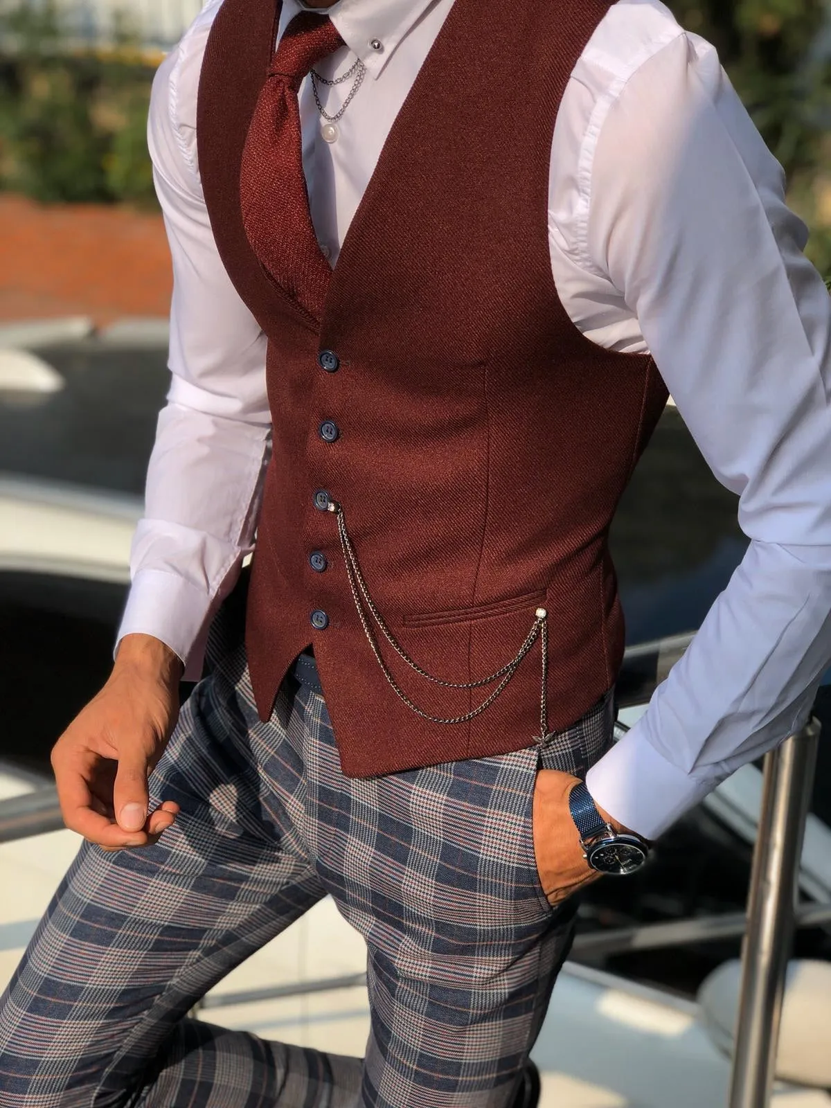 Fabros Claret Red Slim Fit Cotton Vest