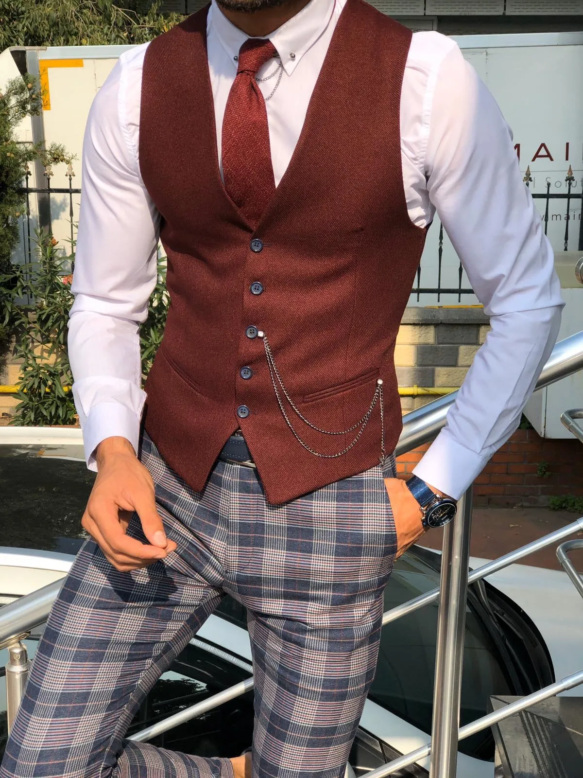 Fabros Claret Red Slim Fit Cotton Vest