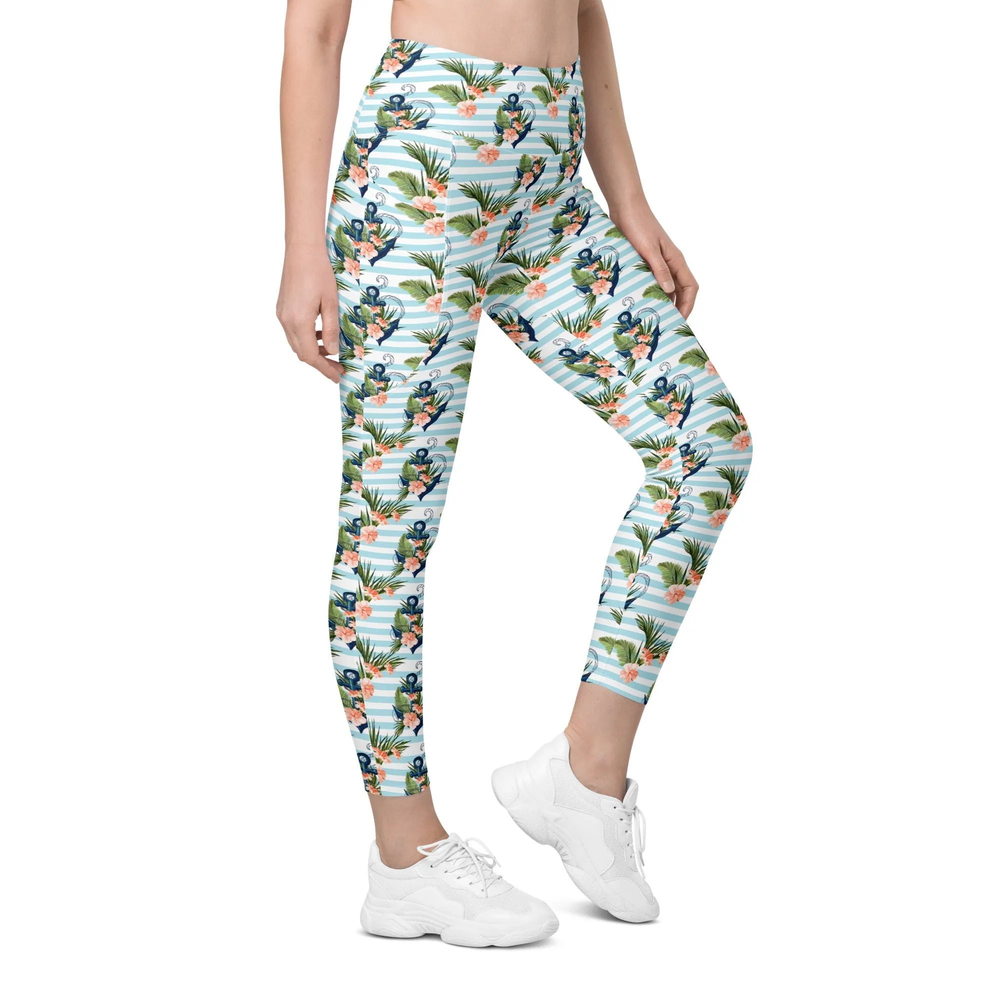 Floral Anchor Leggings With Pockets