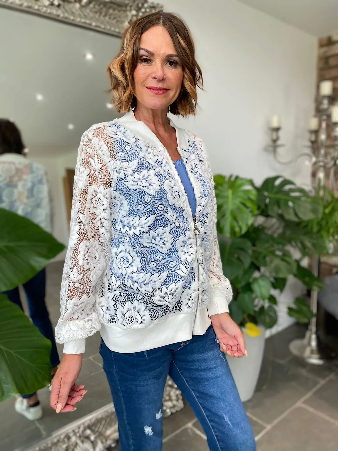 Floral Lace Bomber Jacket Delta