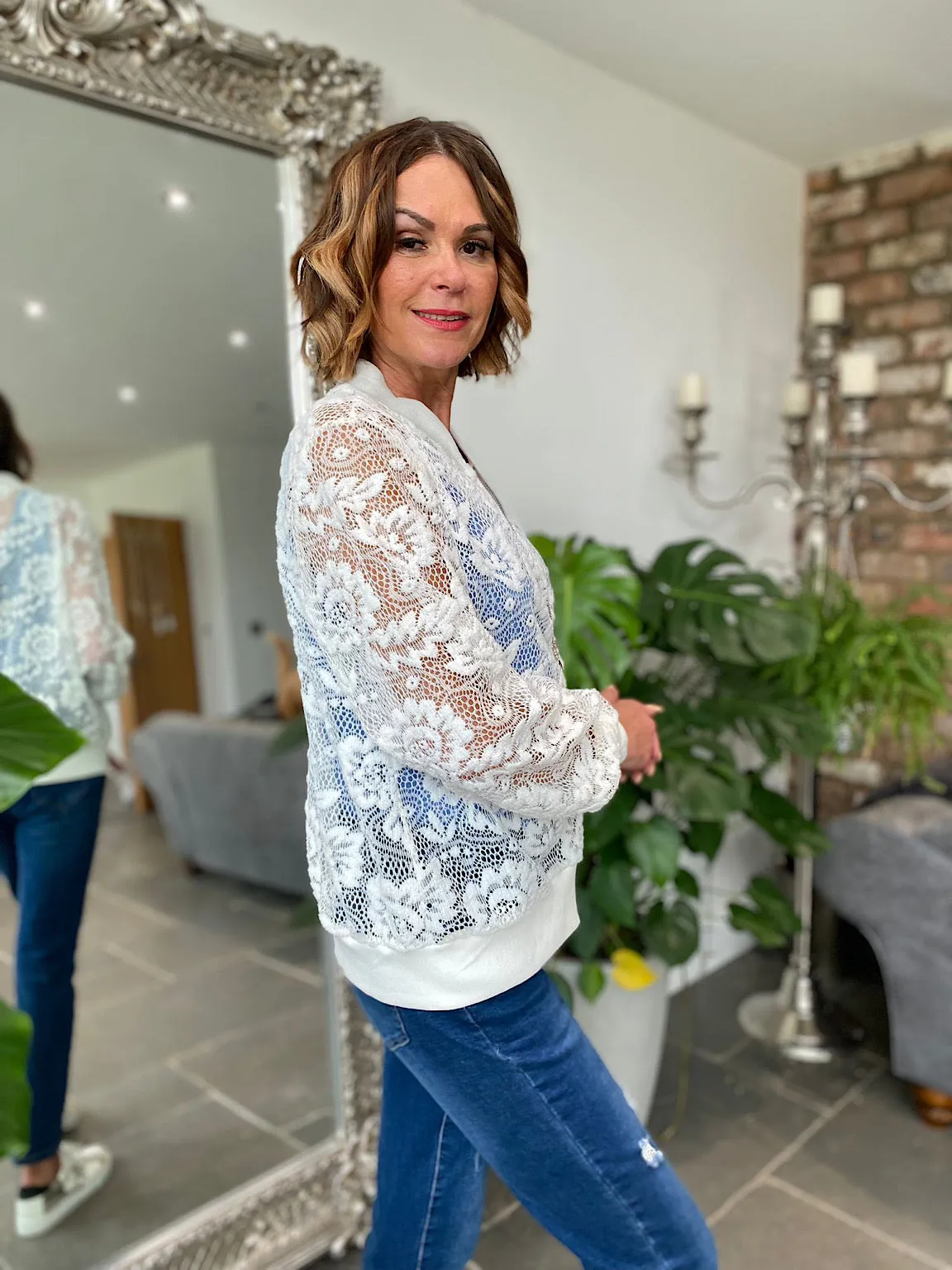 Floral Lace Bomber Jacket Delta