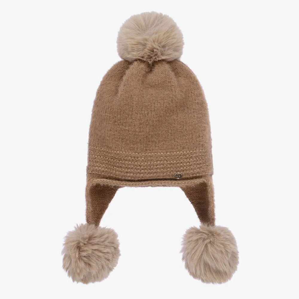 Girls Beige Knitted Pom-Pom Hat