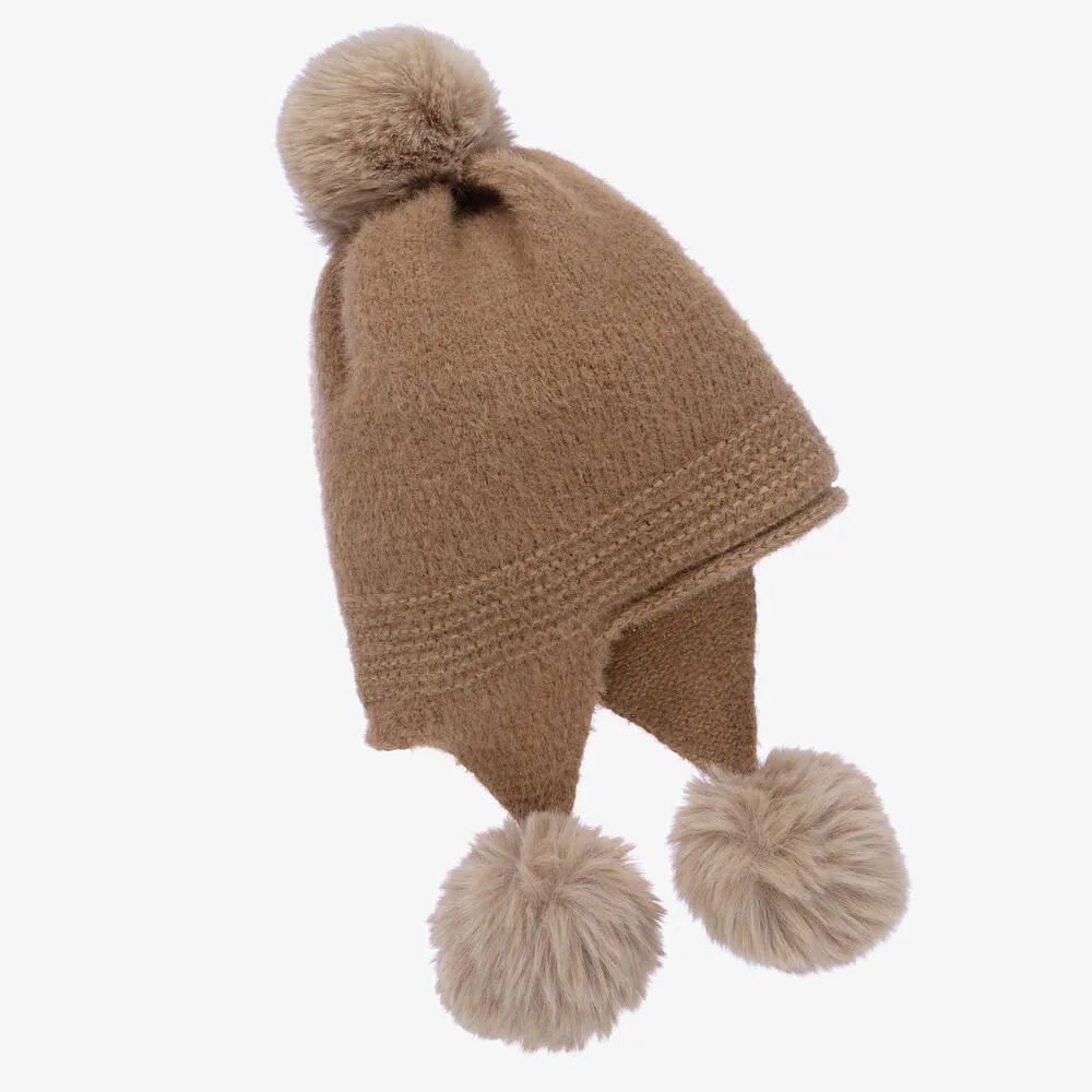 Girls Beige Knitted Pom-Pom Hat