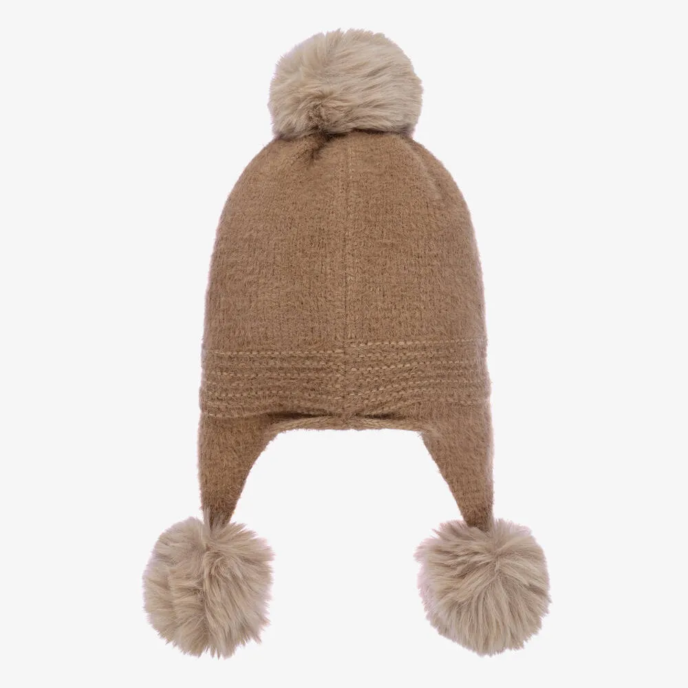 Girls Beige Knitted Pom-Pom Hat