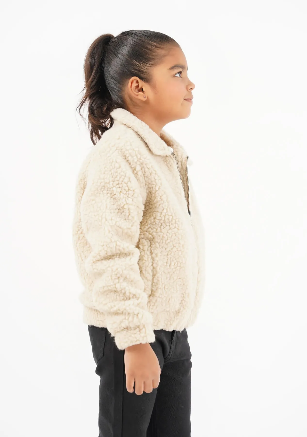 Girls Teddy Faux Fur Bomber Jacket - beige