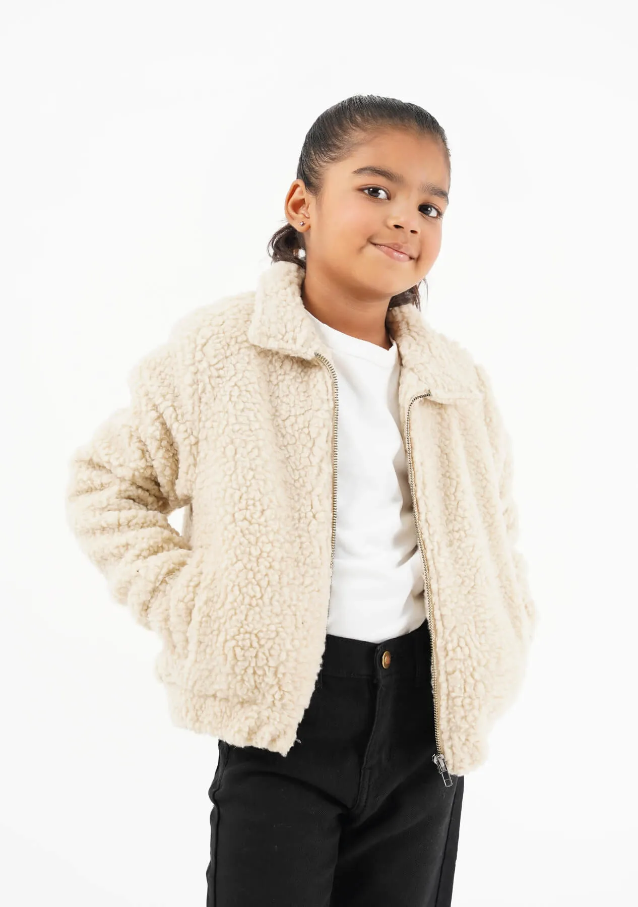 Girls Teddy Faux Fur Bomber Jacket - beige