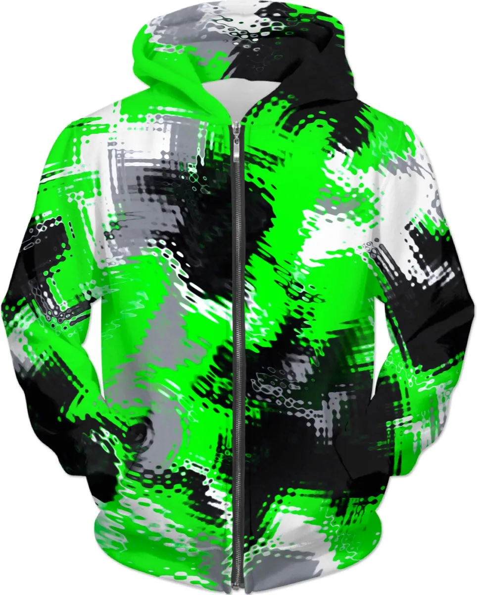 Green Abstract Rave Zip-Up Hoodie