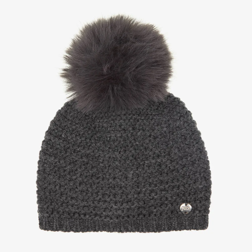 Grey Wool Knit Pom-Pom Hat