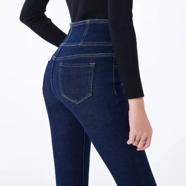 High Waist Thickening Skinny Denim Women Warm Stretch Pencil Jeans