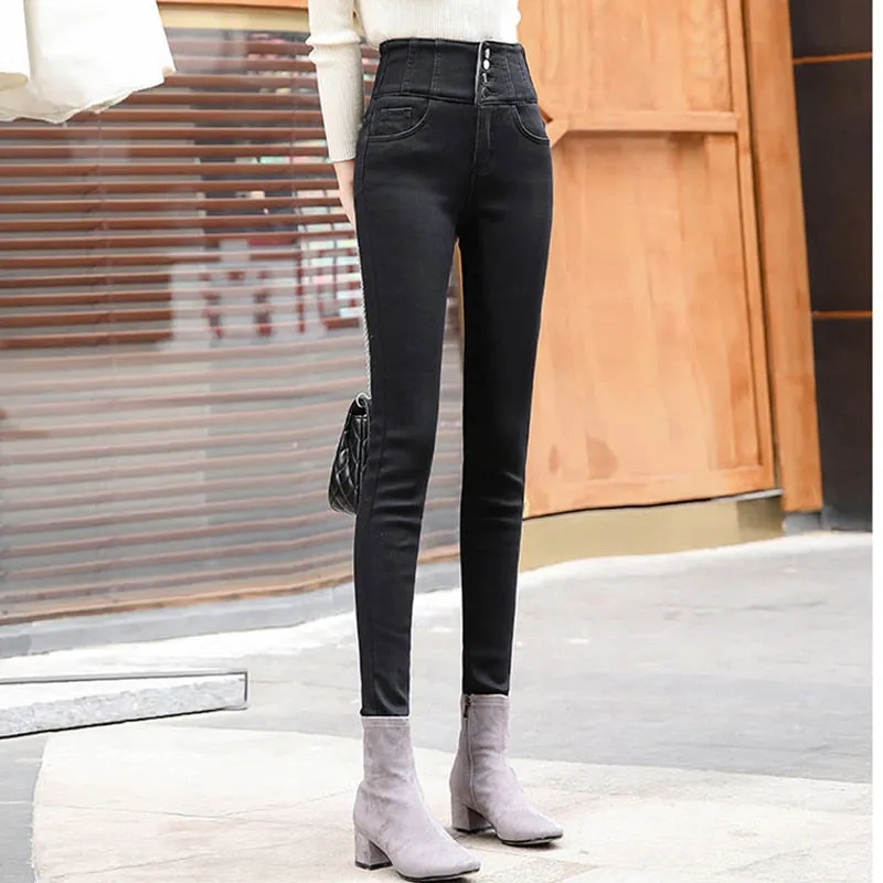 High Waist Thickening Skinny Denim Women Warm Stretch Pencil Jeans