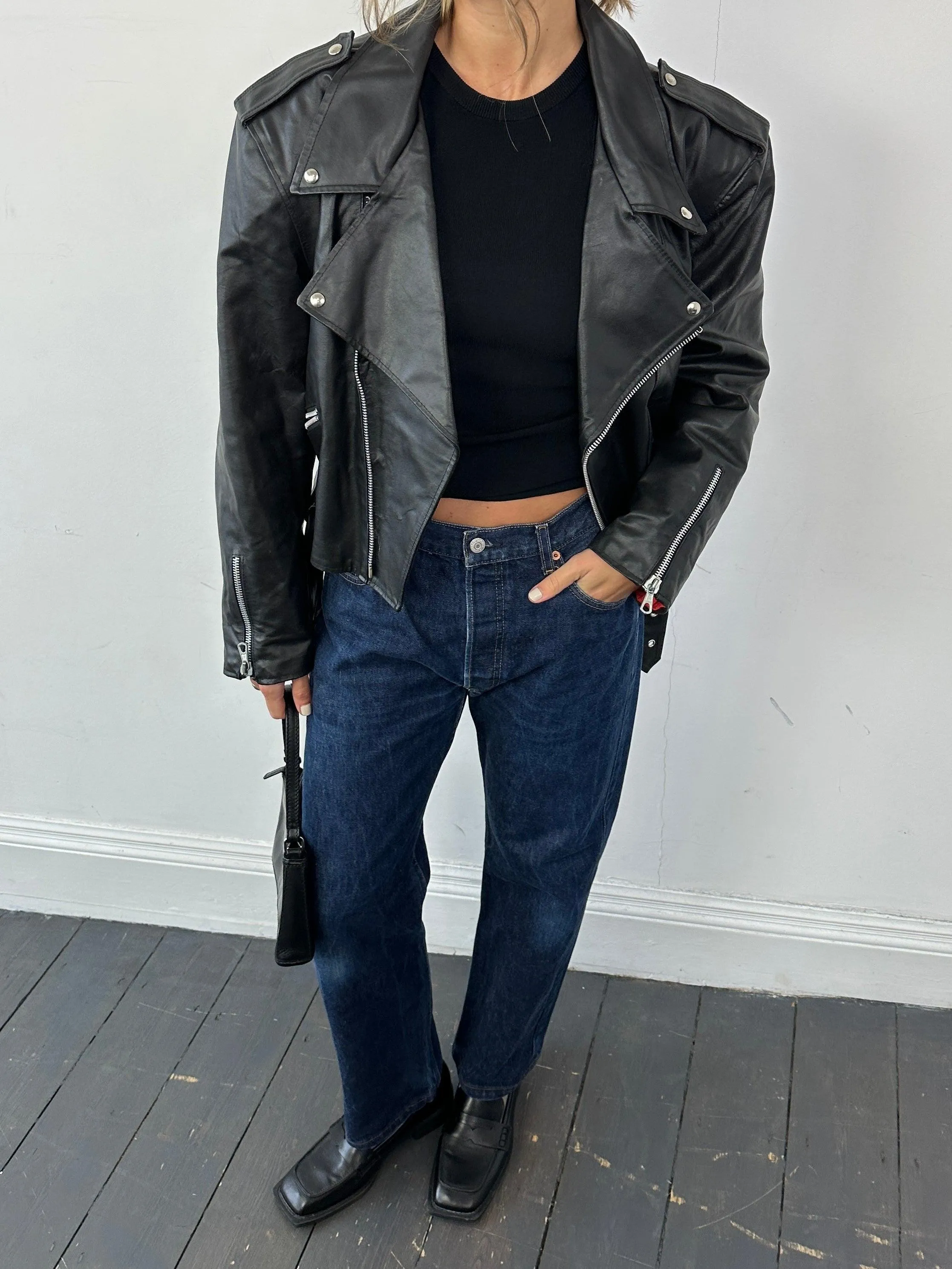 Italian Vintage Cropped Leather Biker Jacket - M