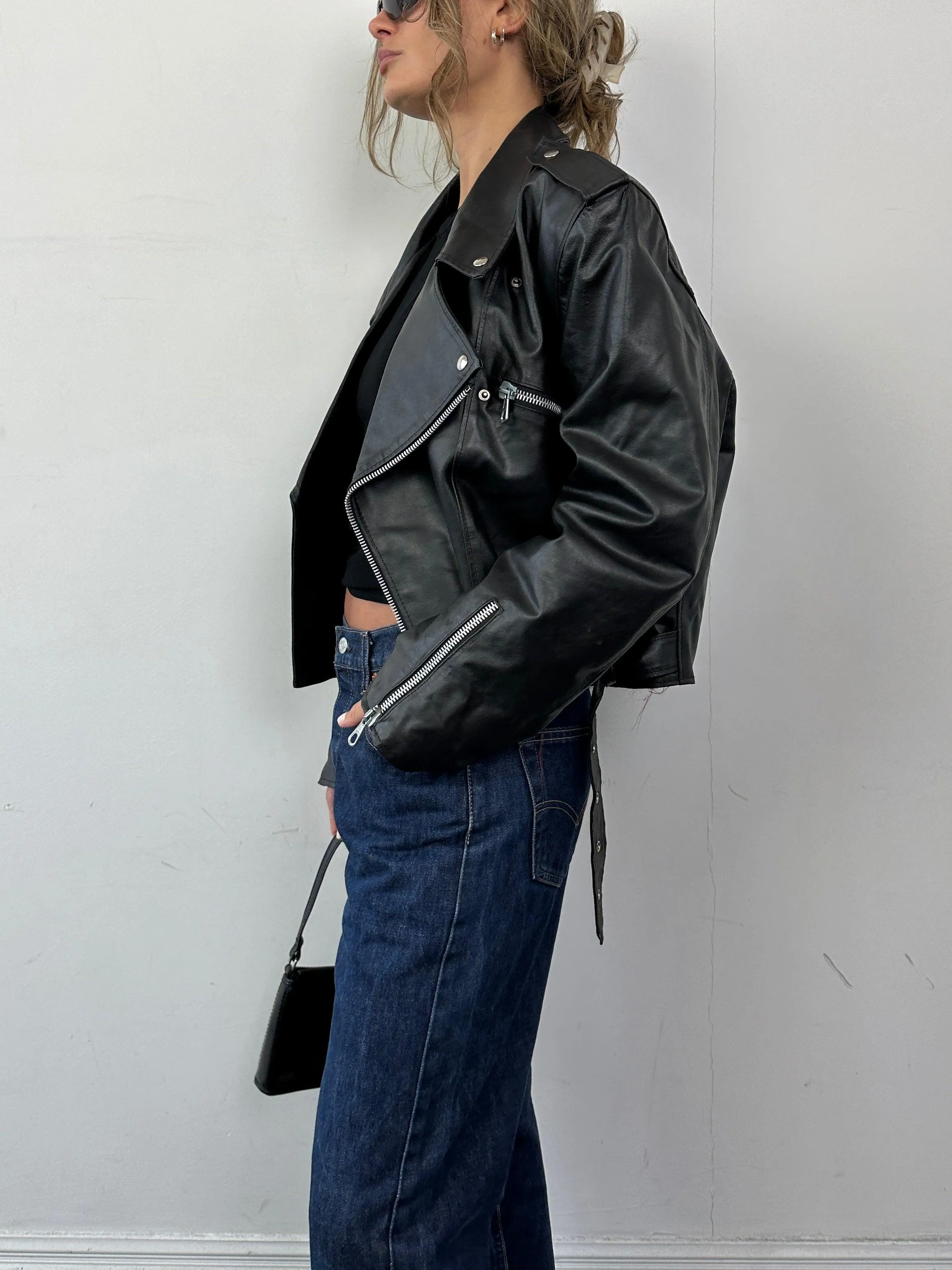 Italian Vintage Cropped Leather Biker Jacket - M