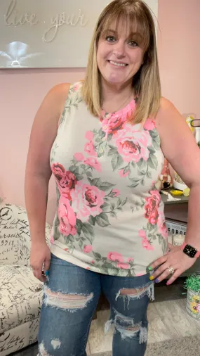 Ivory Floral Button Tank