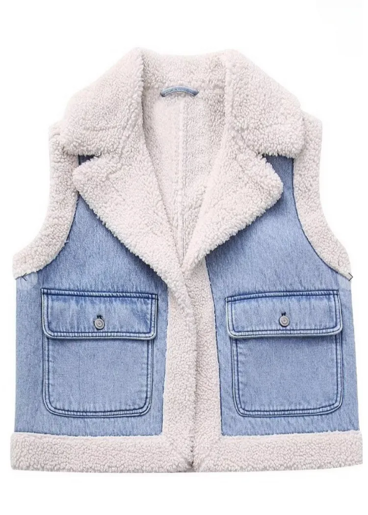 Jasmine Fleece Notched Denim Vest - Denim ***FINAL SALE***