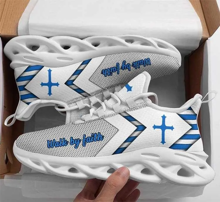 Jesus Christian Blue Cross Walk By Faith Religious White Clunky Sneakers