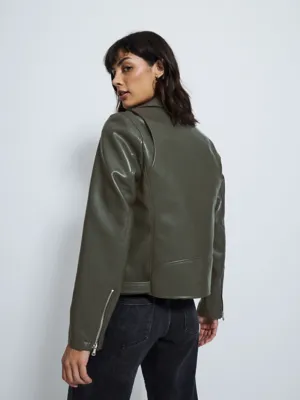 Khaki Faux Leather Biker Jacket | Women | George at ASDA