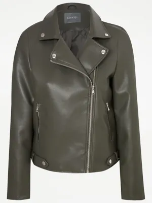 Khaki Faux Leather Biker Jacket | Women | George at ASDA