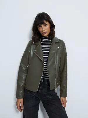 Khaki Faux Leather Biker Jacket | Women | George at ASDA