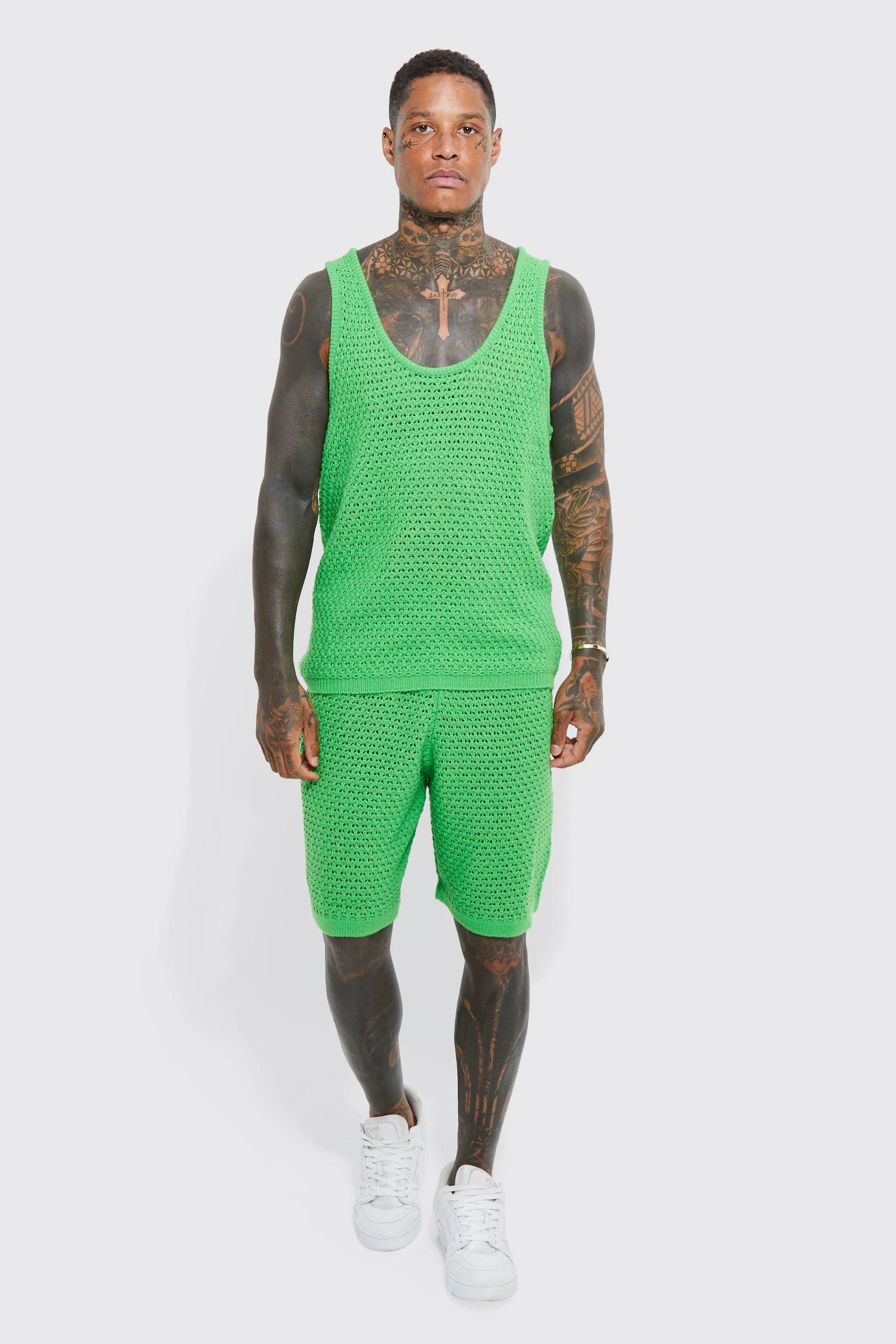 Knitted Open Mesh Dropped Vest And Short Set | boohooMAN UK