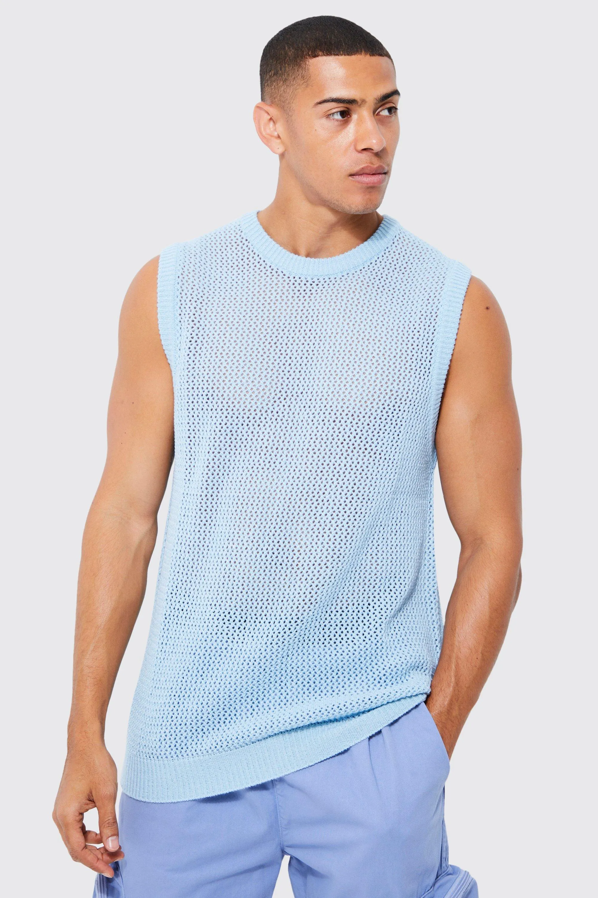 Knitted Oversized Crew Neck Mesh Vest | boohooMAN UK