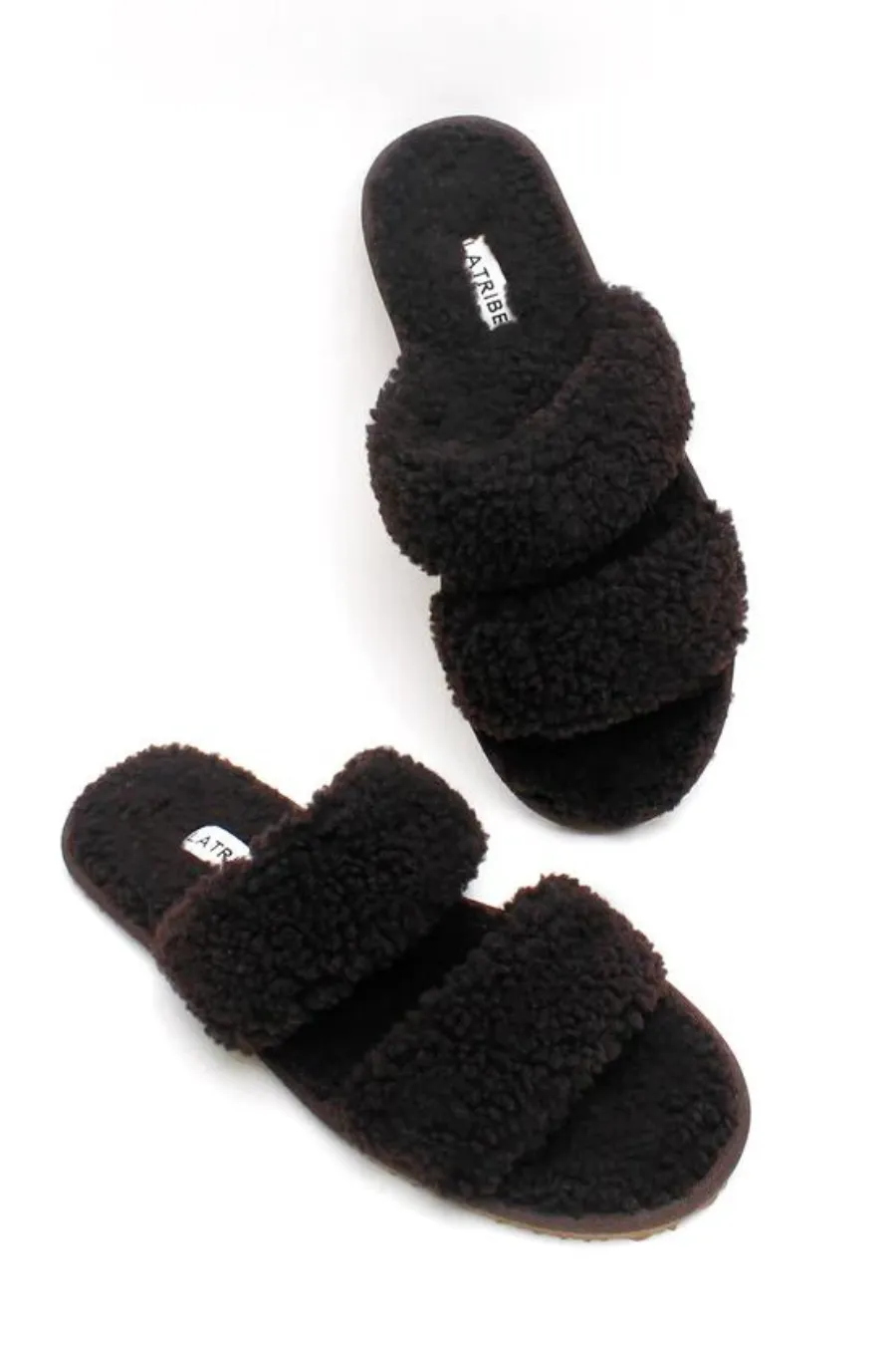 La Tribe Double Strap Shearling Slipper Dark Chocolate