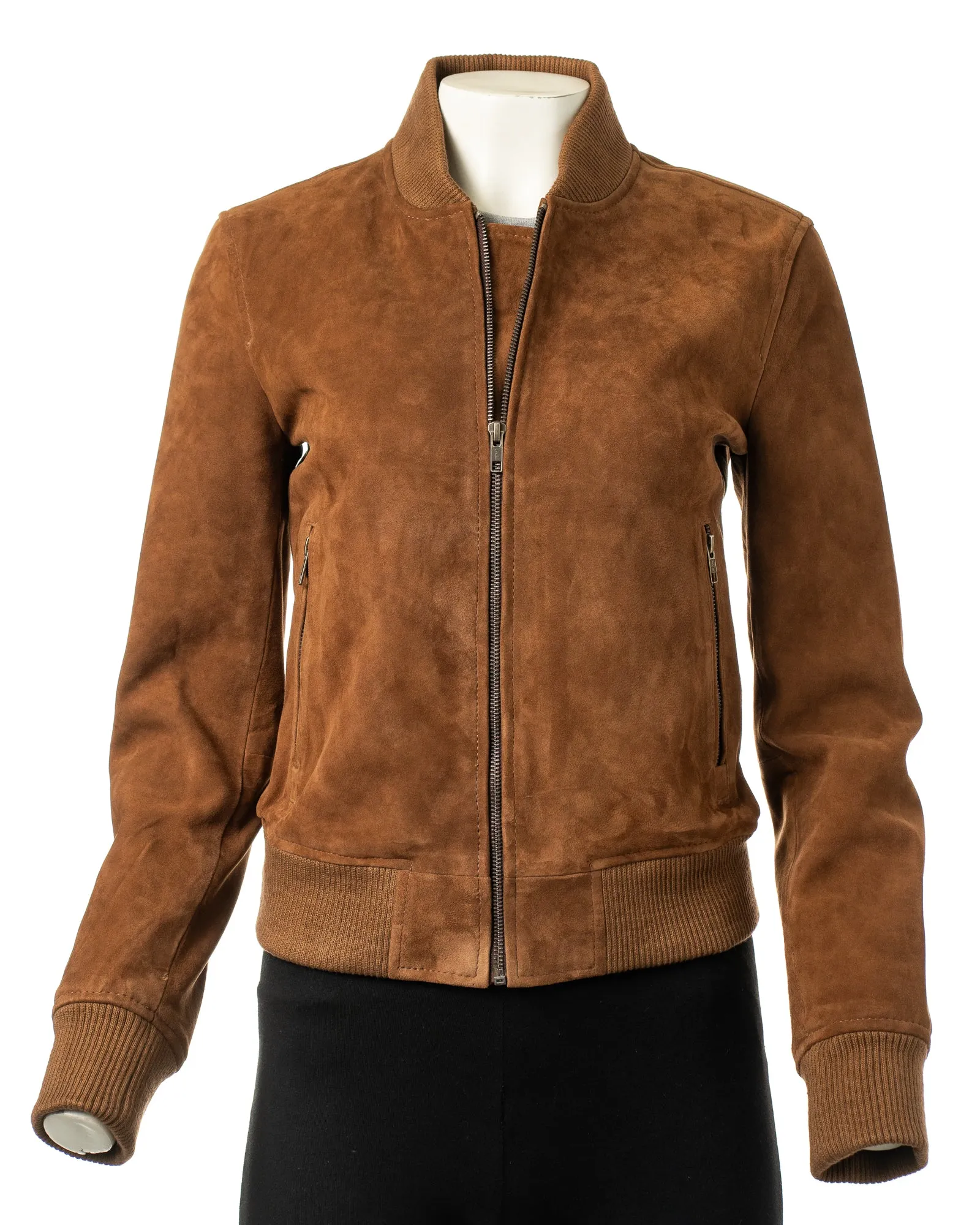 Ladies Tobacco Rib-Knit Collar Suede Bomber: Violet