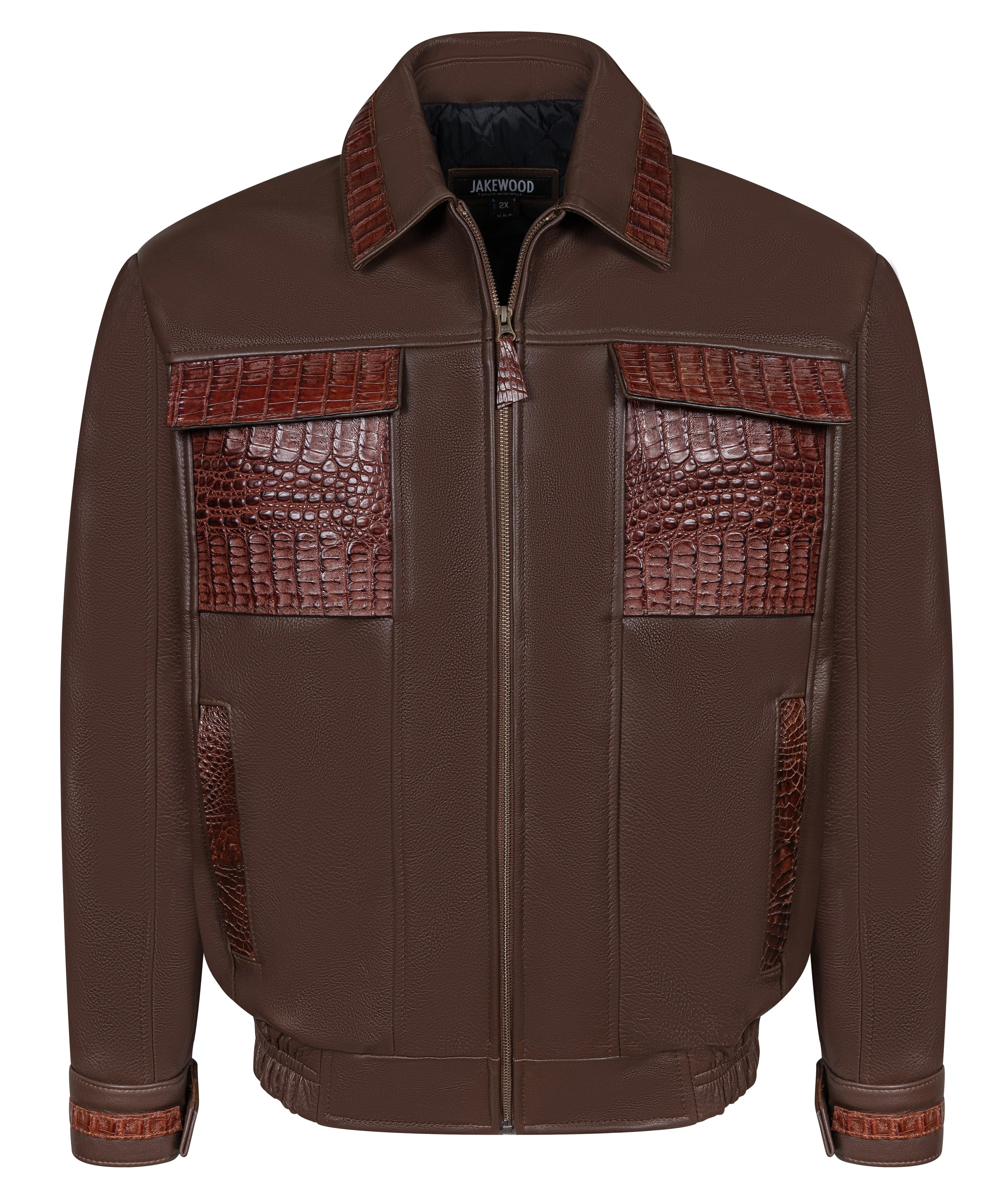 Leather Bomber Jacket with Alligator Chest pockets, Collar, Back Trimming Style #2035