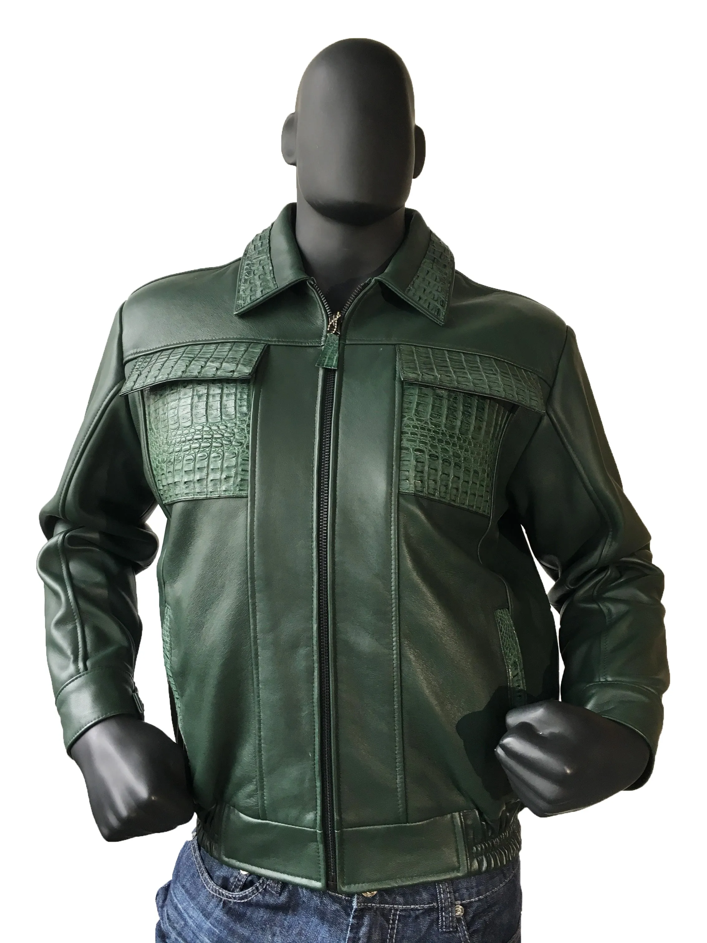 Leather Bomber Jacket with Alligator Chest pockets, Collar, Back Trimming Style #2035