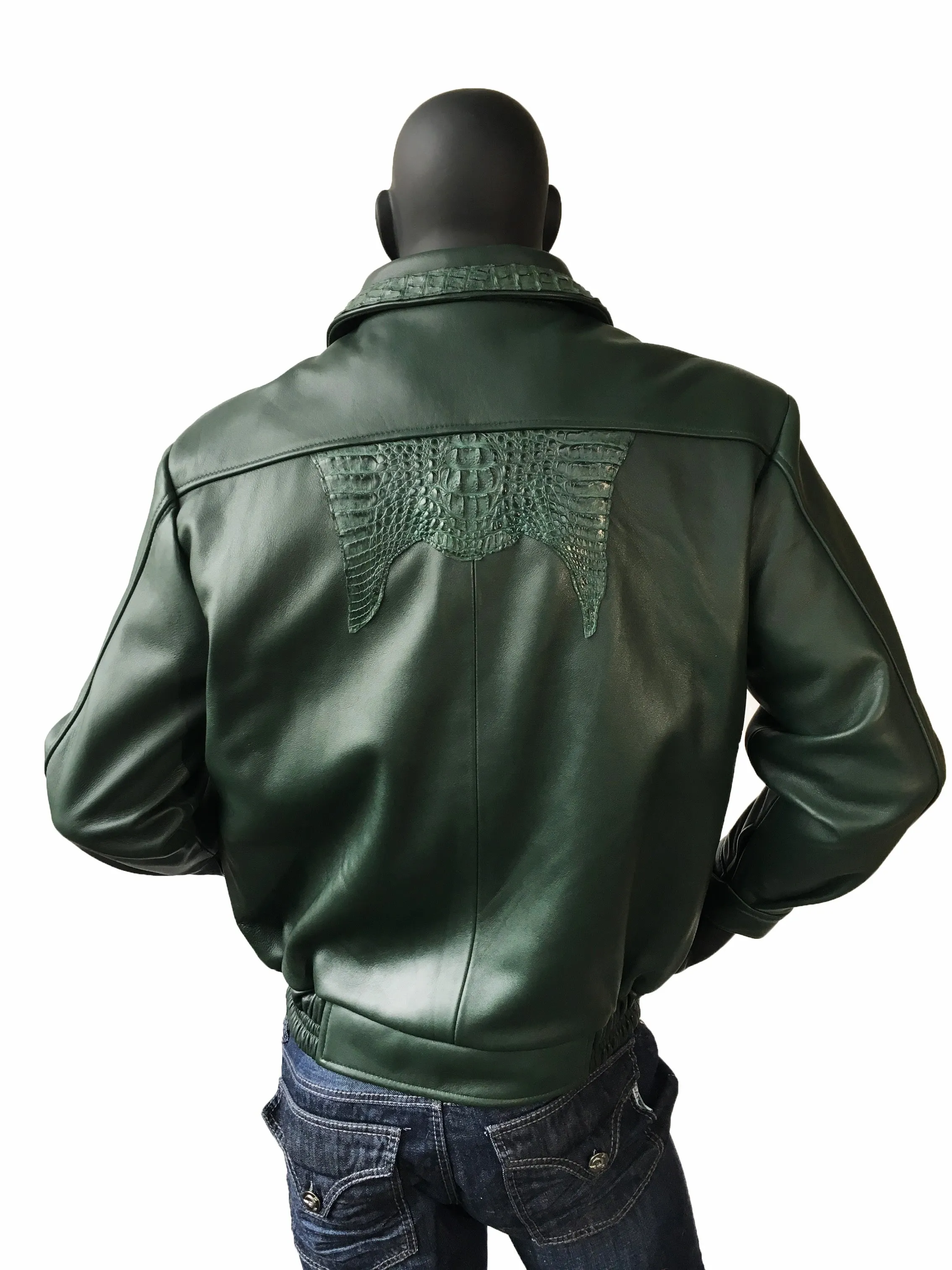 Leather Bomber Jacket with Alligator Chest pockets, Collar, Back Trimming Style #2035