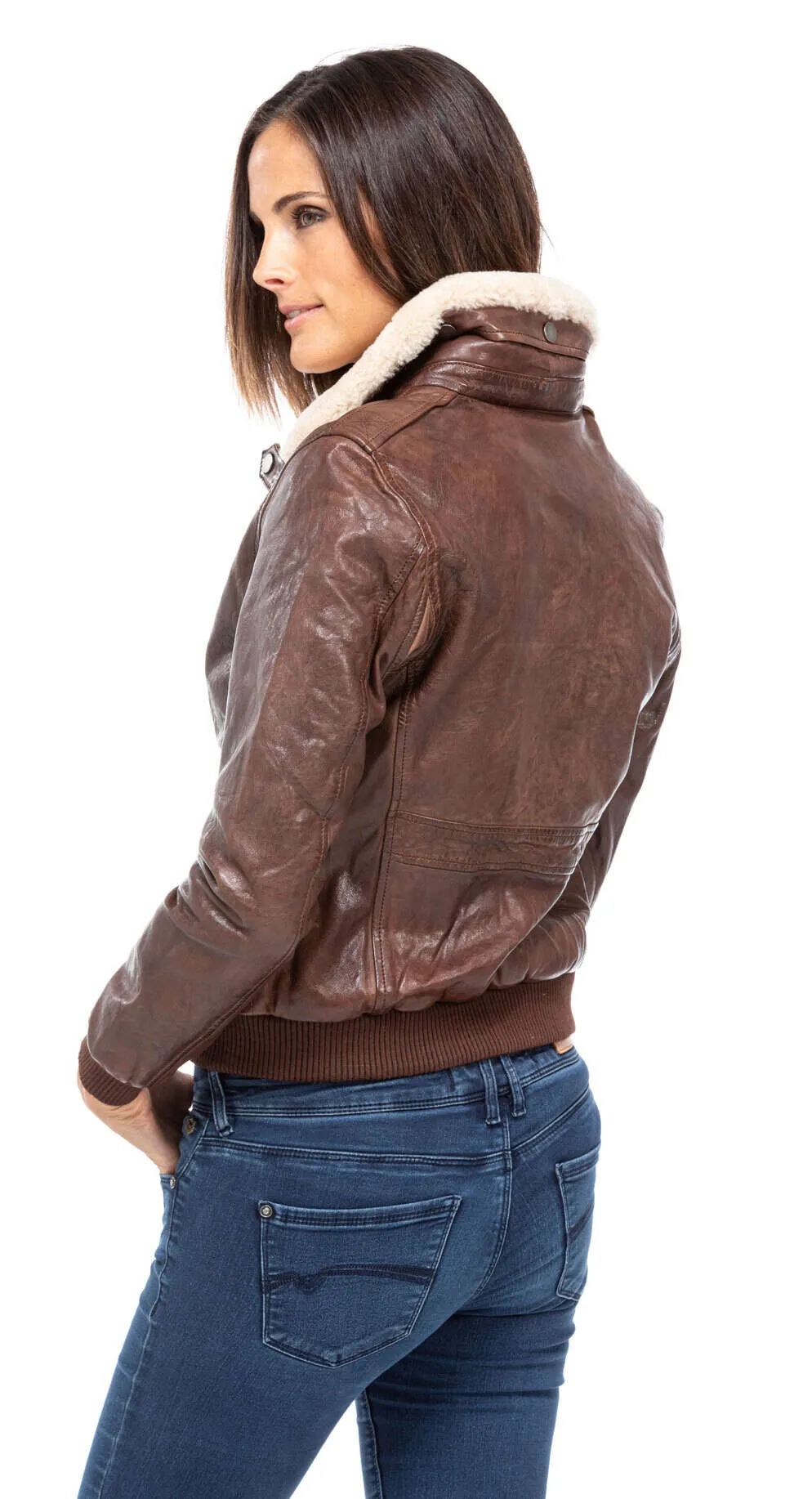 Leather jacket woman dark cognac style aviator 101313