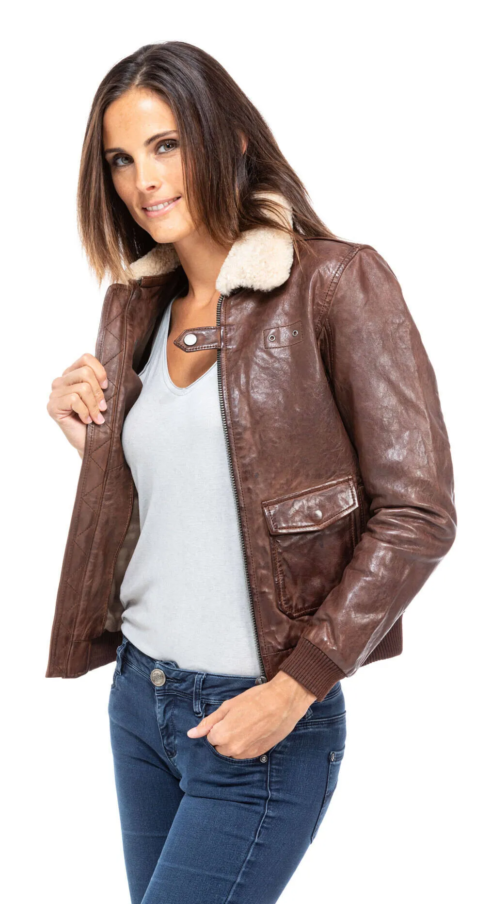 Leather jacket woman dark cognac style aviator 101313