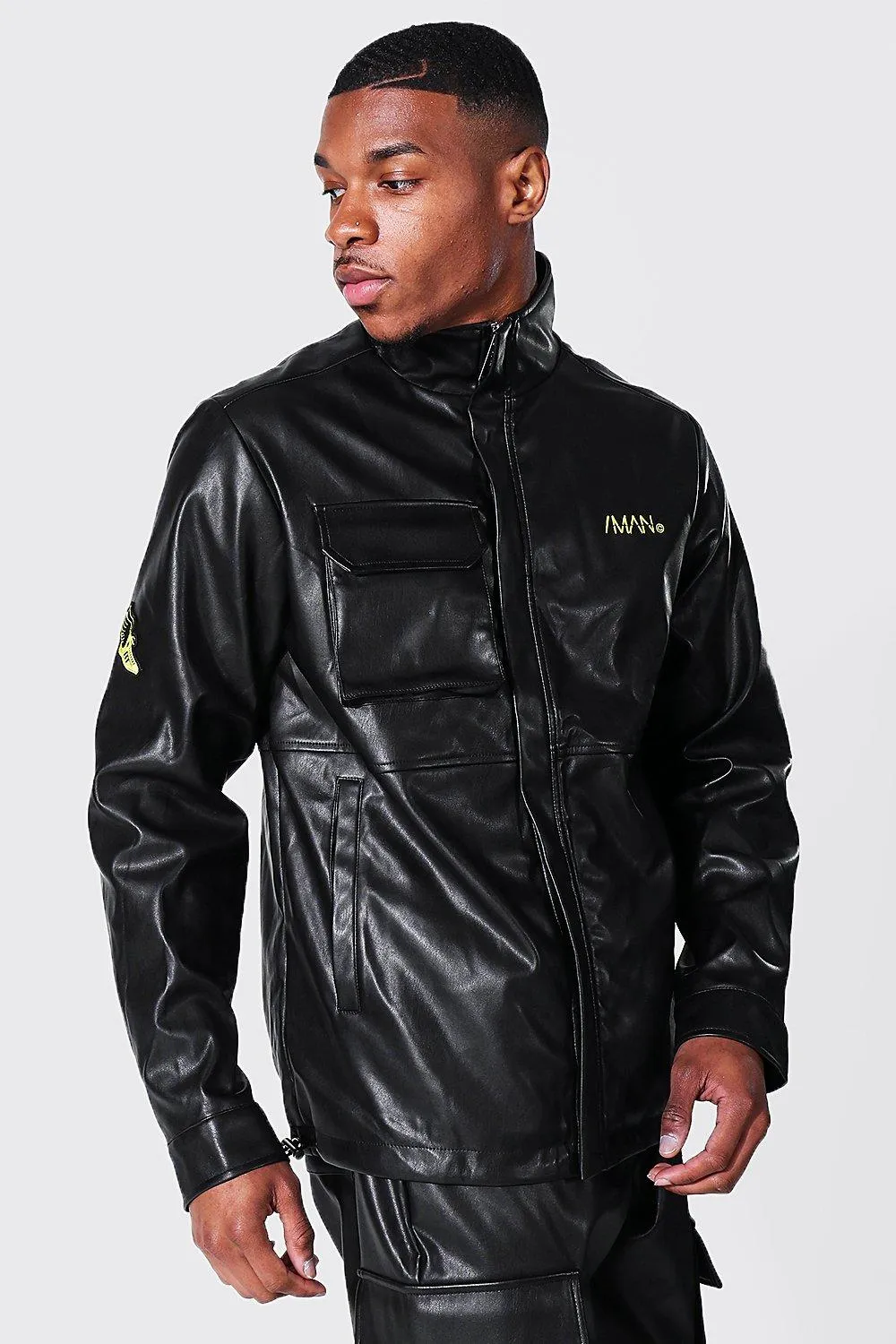 Leather Look Est.2013 Funnel Neck Jacket | boohooMAN UK