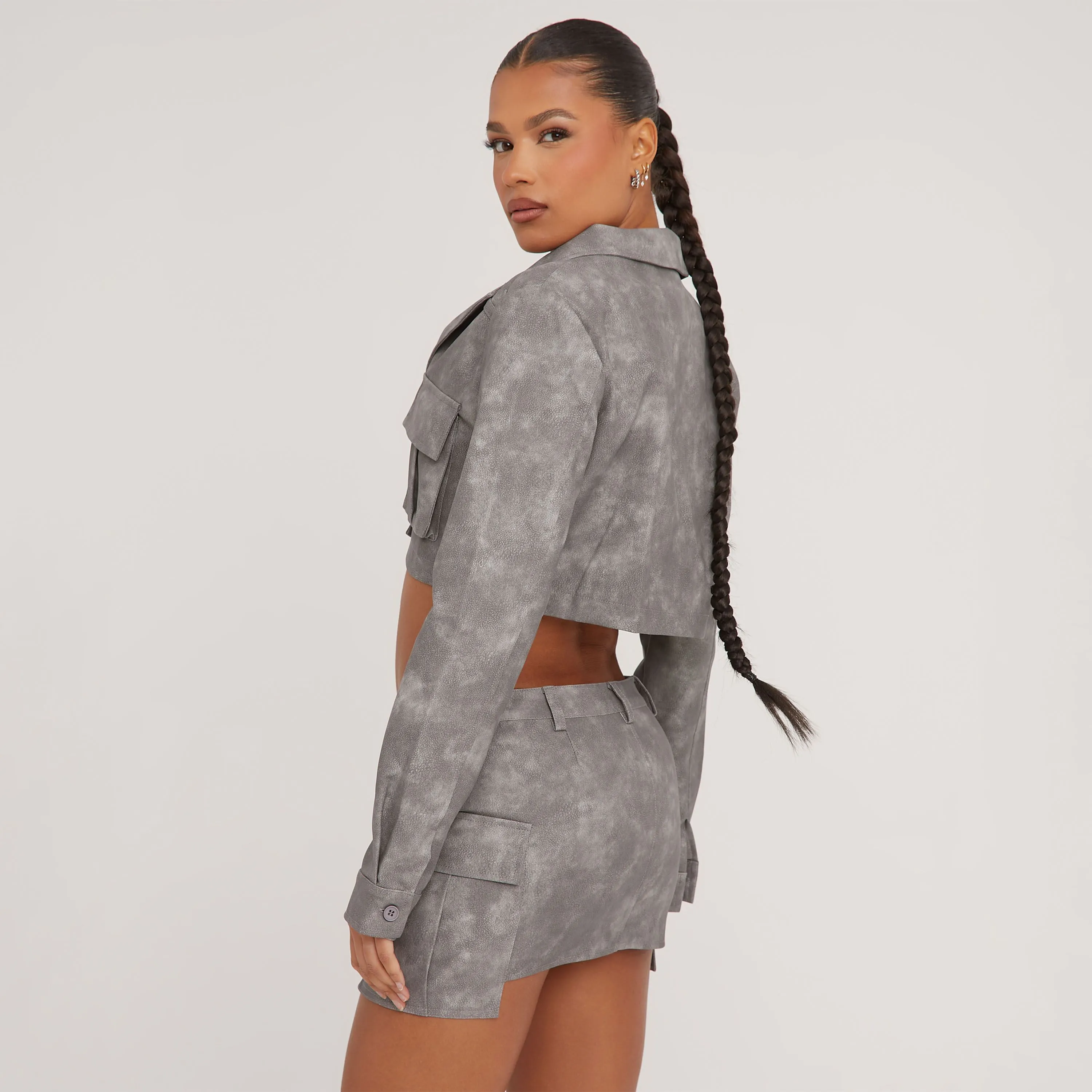 Long Sleeve Pocket Detail Cropped Utility Jacket In Grey Acid Wash Faux Leather