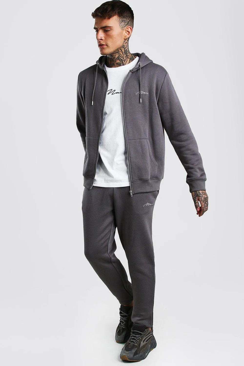 MAN Signature 3 Piece Zip Hoodie, Tee & Jogger Set | boohooMAN UK