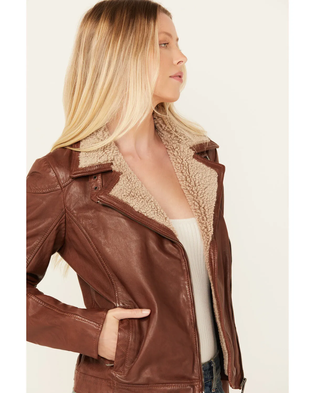 Mauritius Leather Women's Sherpa Collar Leather Moto Jacket