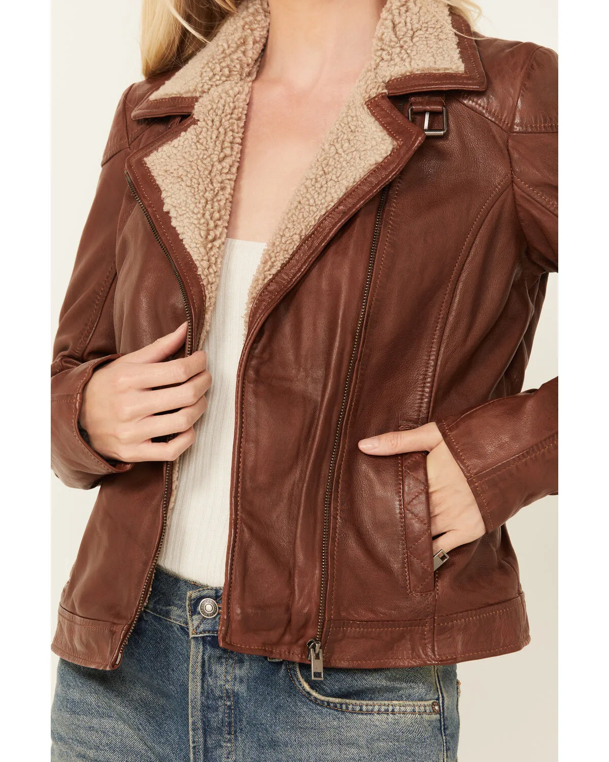 Mauritius Leather Women's Sherpa Collar Leather Moto Jacket