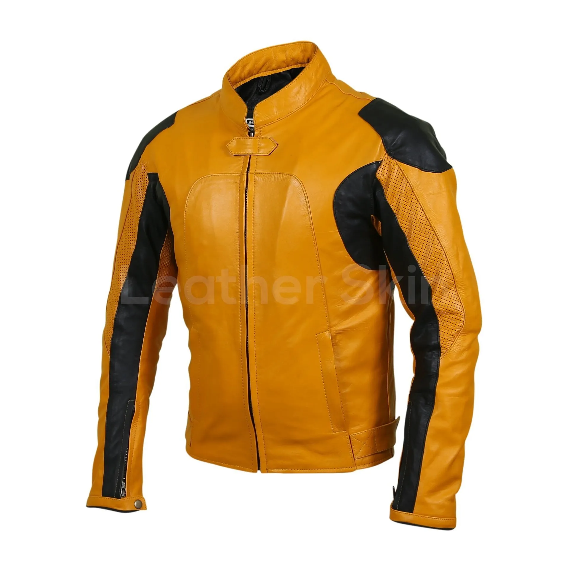 Men Yellow Biker Motorcycle Leather Jacket with Perforations - Leather Skin Shop