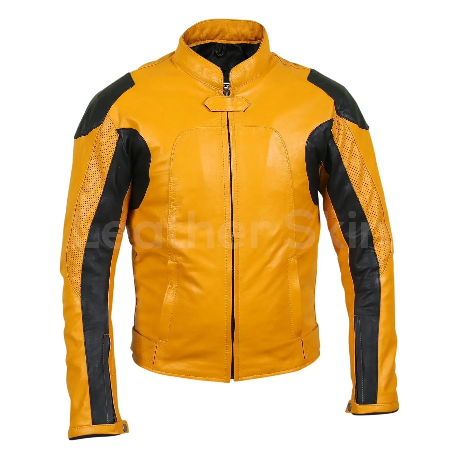 Men Yellow Biker Motorcycle Leather Jacket with Perforations - Leather Skin Shop