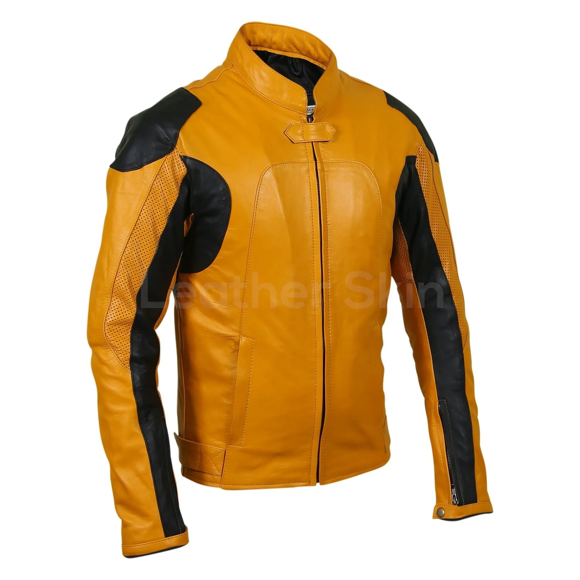 Men Yellow Biker Motorcycle Leather Jacket with Perforations - Leather Skin Shop