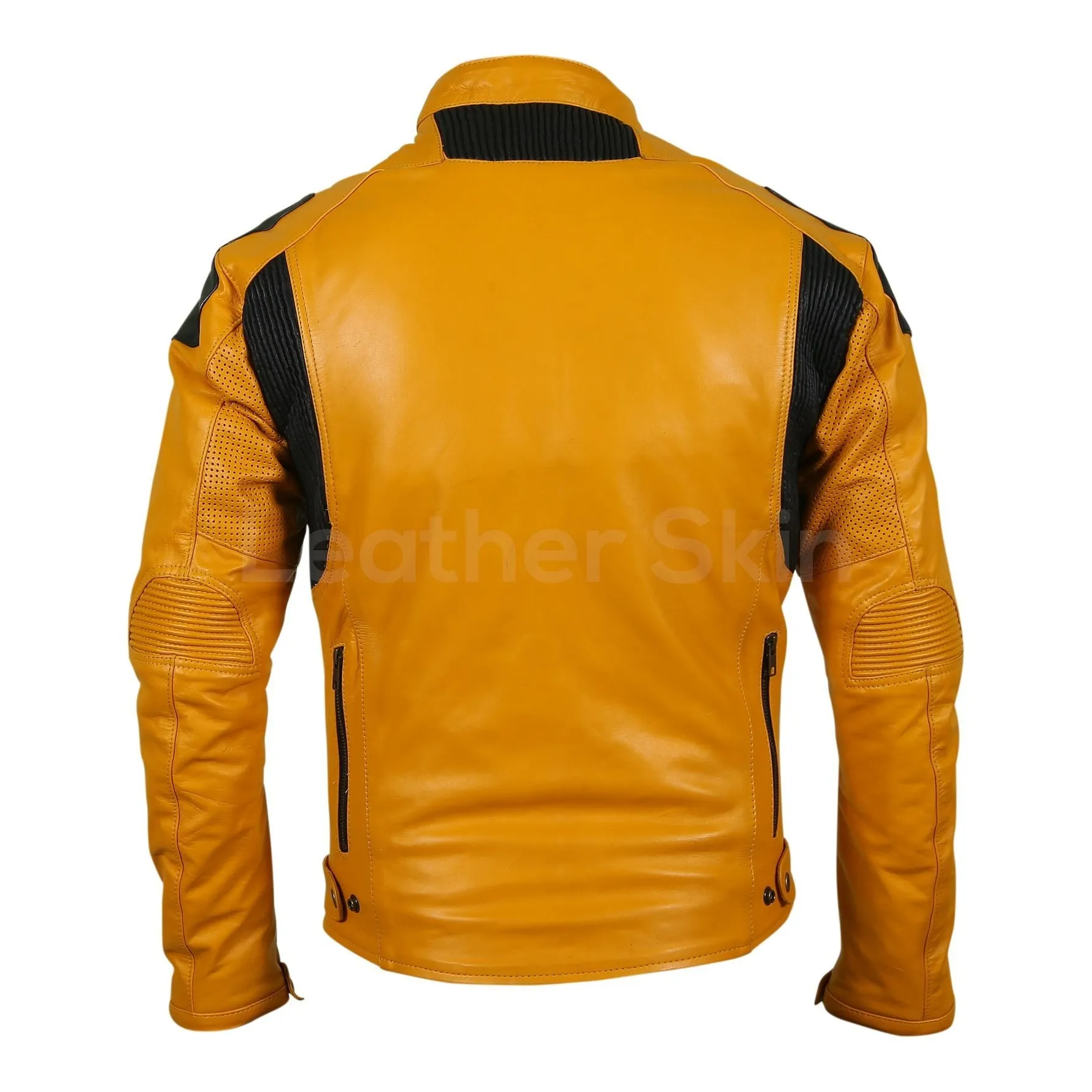 Men Yellow Biker Motorcycle Leather Jacket with Perforations - Leather Skin Shop