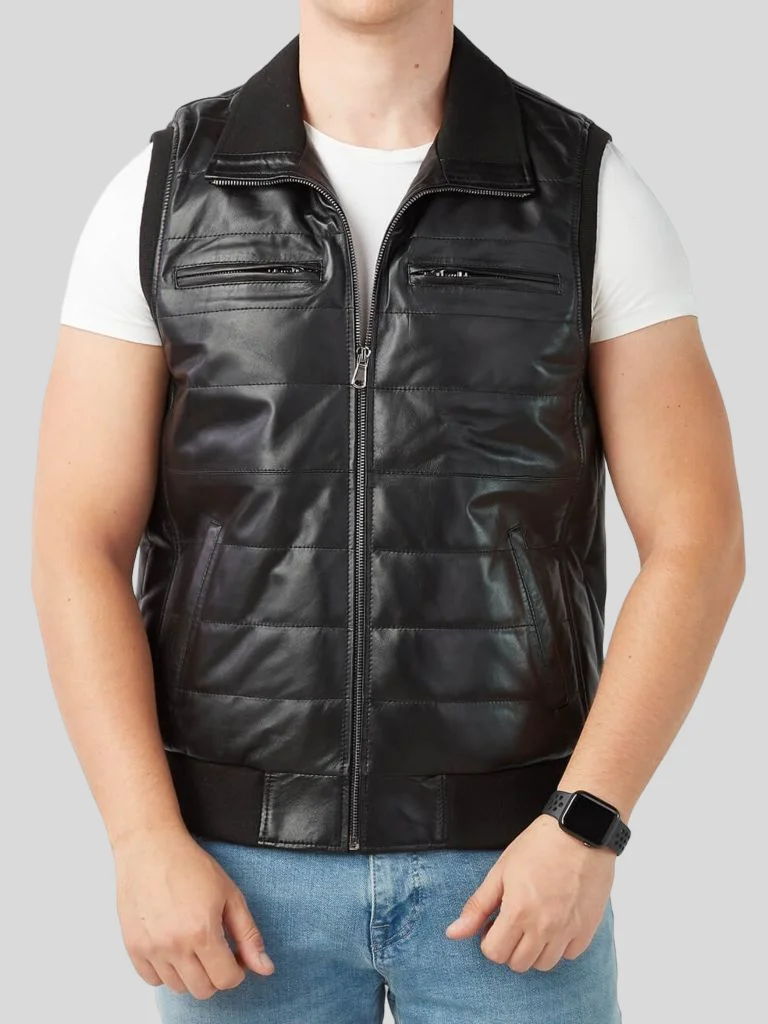 Men's Black Leather Puffer Vest: Riverhead – Leather Jackets NZ