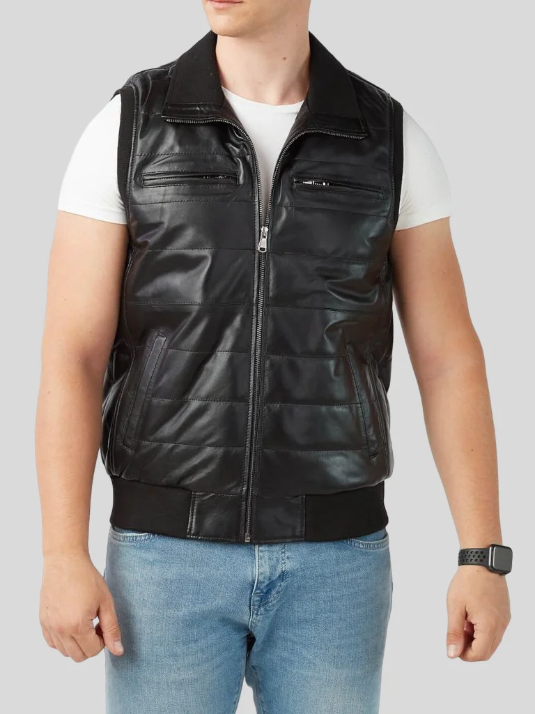 Men's Black Leather Puffer Vest: Riverhead – Leather Jackets NZ